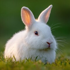 rabbit. A fluffy white rabbit rests on a spring meadow, surrounded by blurred green grass and soft natural light. wildlife magazines.