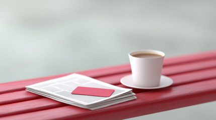 Empty credit card on newspaper with coffee cup on red wooden bench in calm setting