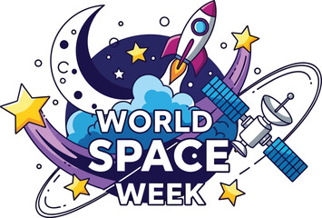 World space week celebration with rocket satellite moon and stars