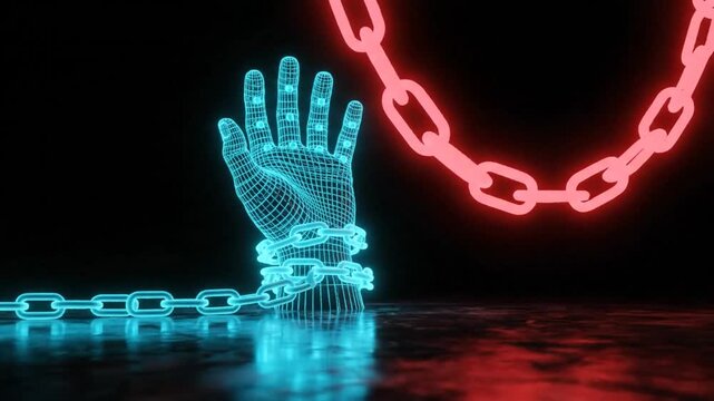 A Glowing Digital Wireframe Hand Bound by Luminous Blue Chains in a Dark Virtual Space