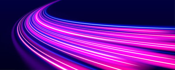 Purple light ribbons swirl and merge in a dark glowing vortex. A tunnel of energy pulses with digital intensity. Wavy lines blur into a fast abstract scene.