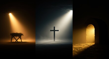Naklejka premium Christian triptych depicting manger, crucifixion cross, and empty tomb scene. Religious concept for Easter and Christmas card.