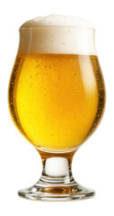 Tulip pint glass filled with yellow beer and foam cap.