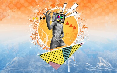 Business man headed by TV.  colorful art collage.