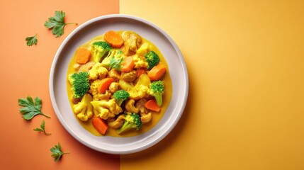 Delicious veggie curry dish kitchen table food photography bright colors overhead angle culinary delight