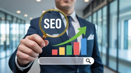 SEO Magnification: An expert in a tailored suit, the lens of a magnifying glass focuses on SEO with an upward trending chart, visualizing organic growth and data-driven success.