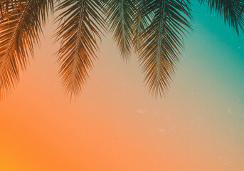 Fototapeta premium Dreamy sunset sky with silhouetted palm fronds evokes tropical paradise vibes and serene vacation escapes