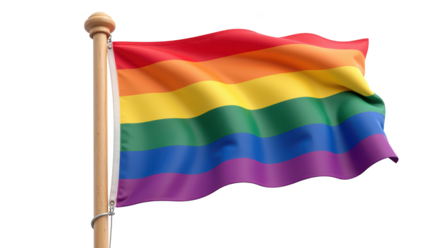 Pride flag waving in wind, symbolizing diversity, inclusion, and LGBTQ+ rights. vibrant colors represent spectrum of identities and communities