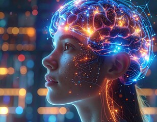 Side profile with glowing brain and neural network