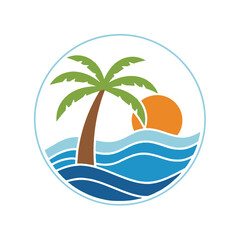A stylized circular illustration depicting a tropical scene with a palm tree and the ocean.