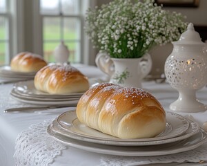 Golden rolls with powder sugar rest on stacked plates, a beautiful table. Use this shot for bakery ads, dining scenes, or holiday event promotions.