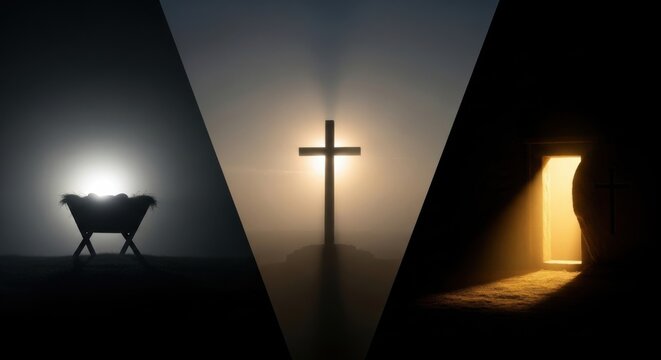 The birth, crucifixion, and resurrection of Jesus Christ. Christian religious concept for Easter and Christmas holiday.