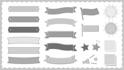 モノクロのリボンとフラッグ、星や太陽のシンプルな装飾アイコン素材セット｜リボン, フラッグ, 星, 太陽, アイコン, モノクロ, セット