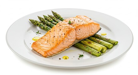 Delicious Grilled Salmon Fillet with Fresh Asparagus on a White Plate.