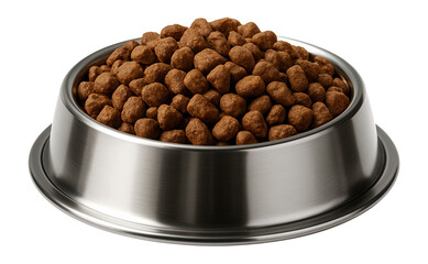 Dry pet food in a steel bowl.