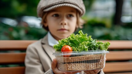 Young boy is holding a plastic container with a sandwich and a tomato inside. He is wearing a hat and a suit jacket