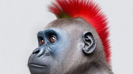 Monkey with red hair and blue paint on its face. The monkey has a red and green Mohawk on its head