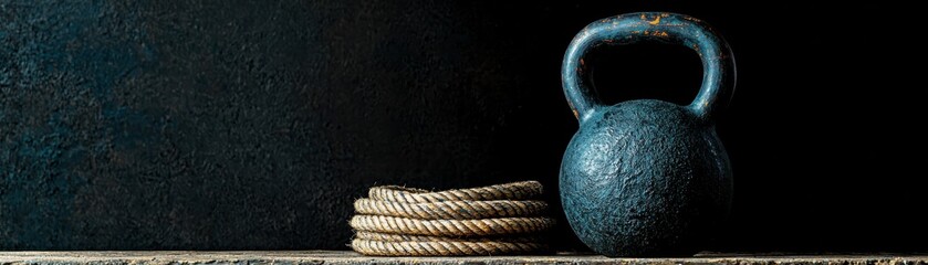 A kettlebell and rope resting on a wooden surface for fitness and training purposes.