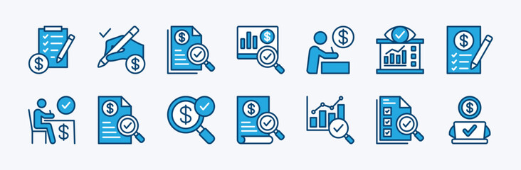 Financial inspecting icon set. Check, magnifier, checklist, checkmark, tax, report, document, statement, evaluation, approved, research, review, analysis, survey, accountant - vector illustration