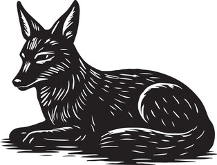 Black and white linocut illustration of a black fox resting peacefully on a white background
