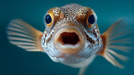 Fish with its mouth open is staring at the camera. The fish has a mouthful of water and its eyes are wide open