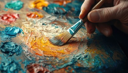 Close-up of a hand holding a brush mixing colorful oil paints on a palette. Illustrates art, creativity, or the process of painting masterpieces.
