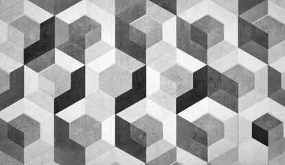 Abstract geometric pattern of interlocking 3D hexagons in grayscale