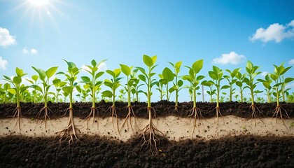 Realistic seedlings growing from soil cross-section, visible root system underground, young green leaves above soil, concept of sustainable farming and agriculture, bright natural light, clean blue 