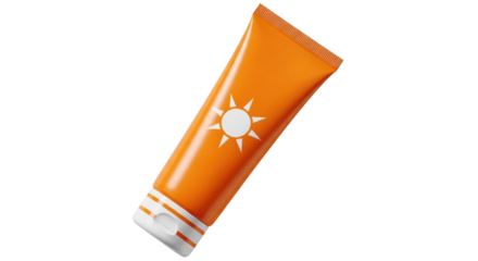 Isolated orange tube of sunscreen with a white cap and a sun logo ready for sun protection