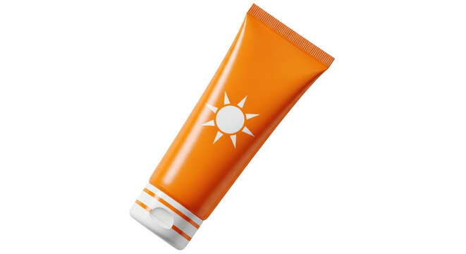 Isolated orange tube of sunscreen with a white cap and a sun logo ready for sun protection