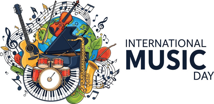 Colorful illustration of musical instruments for international music day