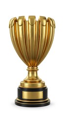 A gleaming golden trophy with an elegant ribbed design sits prominently on a dark base with a blank nameplate, symbolizing achievement.