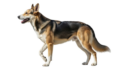 Isolated dog walking with upright ears brown and black fur looking away in studio shot