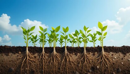 Highly detailed cross-section of soil showing sprouting seedlings with visible roots underground, realistic seed germination process, green leaves emerging, natural lighting, clear blue sky with soft 