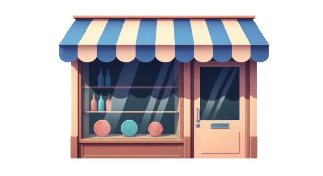 Isolated storefront cartoon with awning, retail shop illustration, colorful store render