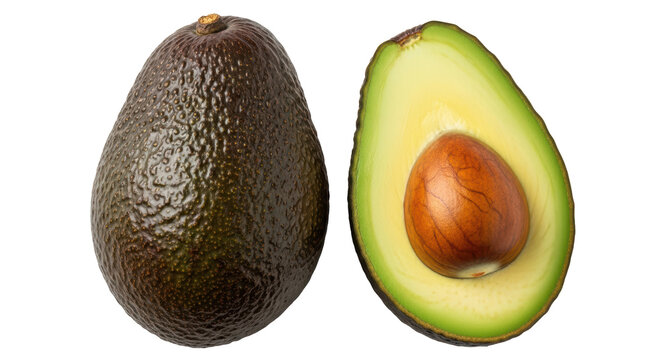 Isolated Whole and Halved Avocado Fruits Closeup, Tropical Fruit on Table, Healthy Diet