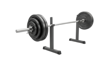 Isolated weight bar ready for exercise in a gym, barbell on rack equipment, nobody seen