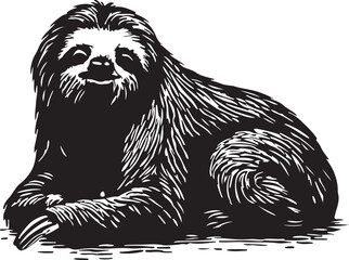 Detailed black and white illustration of a three toed sloth resting peacefully on a textured surface