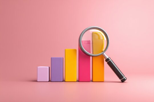 A simple and colorful bar graph with a magnifying glass, indicating growth or data analysis on a pink background