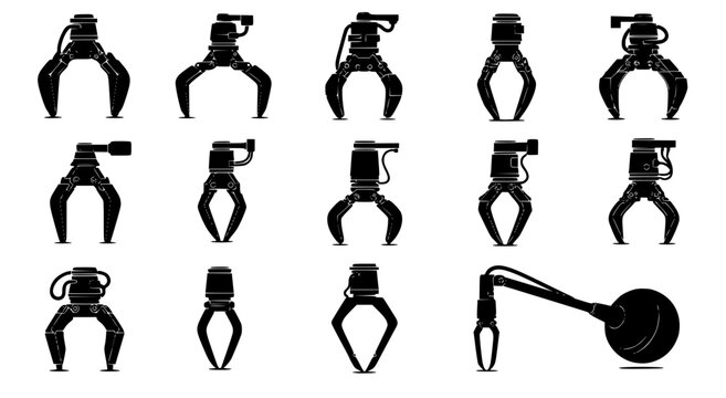 vector set of industrial robotic claw silhouettes