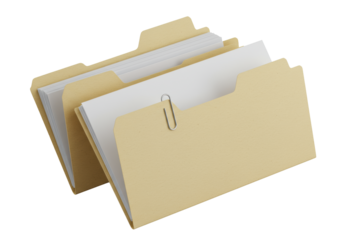 Three light beige manila folders, fanned with blank white paper & silver paperclip, against a solid transparent background, 45-degree angle, professional organization concept