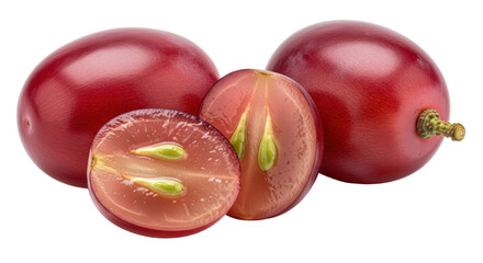 Isolated juicy red grapes still life on its side, halved and whole, healthy fruit snack