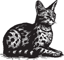 Detailed black and white woodcut illustration of a spotted savannah cat sitting regally with alert ears