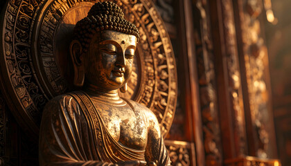 Fototapeta premium Antique wooden panel with Buddha relief, warm ambient lighting