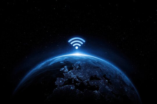 Abstract digital illustration of the Earth with a wireless network icon, with a blue glow