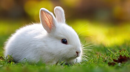 Close-up of fluffy white rabbit resting on spring meadow, shallow depth of field with blurred green grass background, soft natural lighting from side --ar 16:9 --v 7.0 --style raw --c 20 --s 20