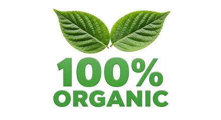 Isolated two leaves above green 100 percent organic label; concept for healthy natural