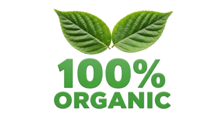 Isolated two leaves above green 100 percent organic label; concept for healthy natural