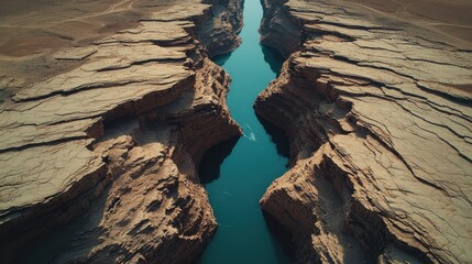 Aerial view of a stunning canyon with turquoise water flowing between rocky cliffs.