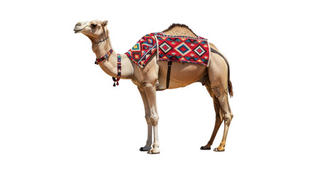 Isolated camel wearing a colorful blanket saddle on its back in desert landscape. Animal portrait © Anneliese